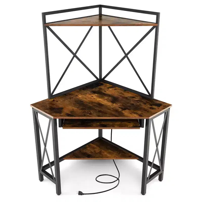 Costway Bureau d'Angle Informatique Compact avec Étagères et Tablette Coulissante pour Clavier Marron Rustique