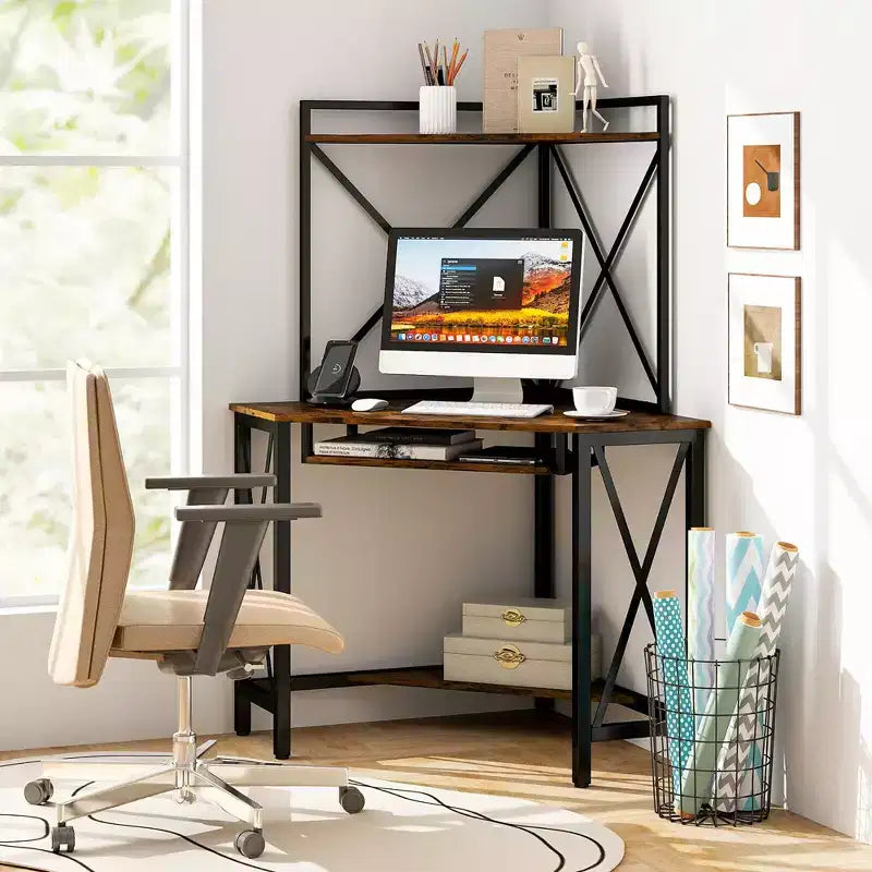 Costway Bureau d'Angle Informatique Compact avec Étagères et Tablette Coulissante pour Clavier Marron Rustique
