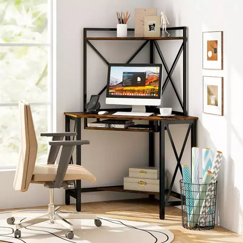 Costway Bureau d'Angle Informatique Compact avec Étagères et Tablette Coulissante pour Clavier Marron Rustique