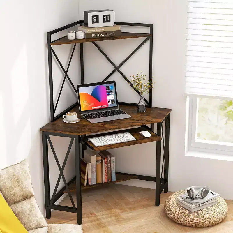 Costway Bureau d'Angle Informatique Compact avec Étagères et Tablette Coulissante pour Clavier Marron Rustique
