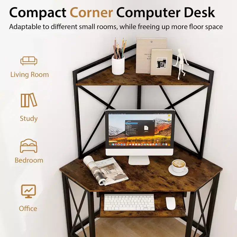Costway Bureau d'Angle Informatique Compact avec Étagères et Tablette Coulissante pour Clavier Marron Rustique