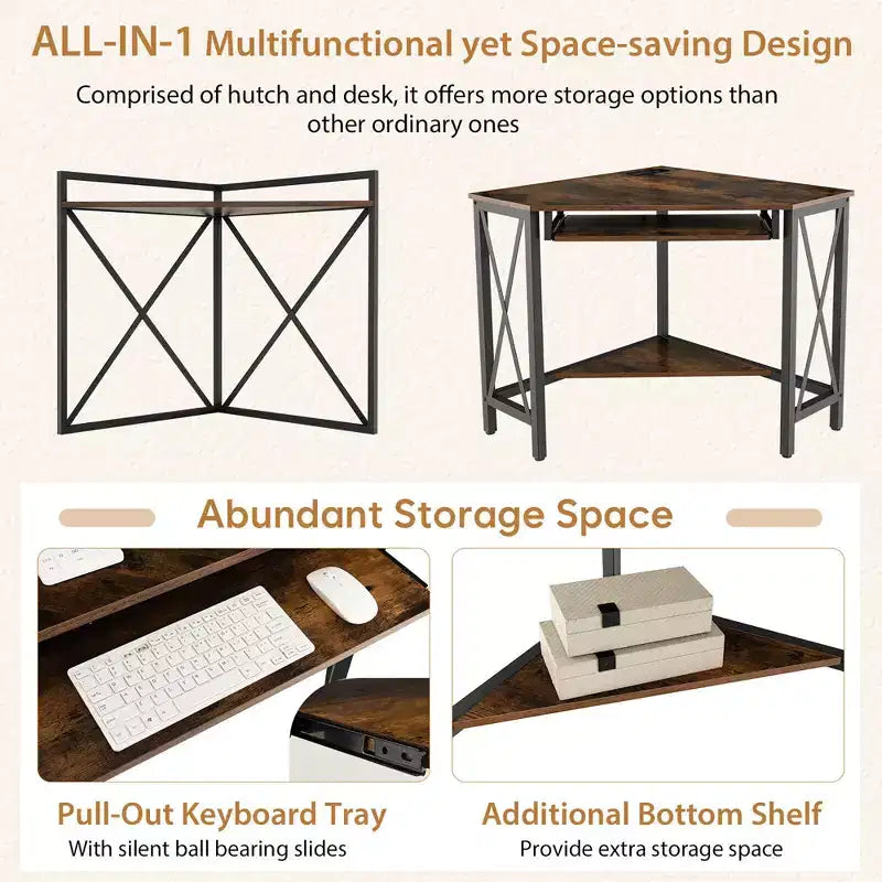Costway Bureau d'Angle Informatique Compact avec Étagères et Tablette Coulissante pour Clavier Marron Rustique