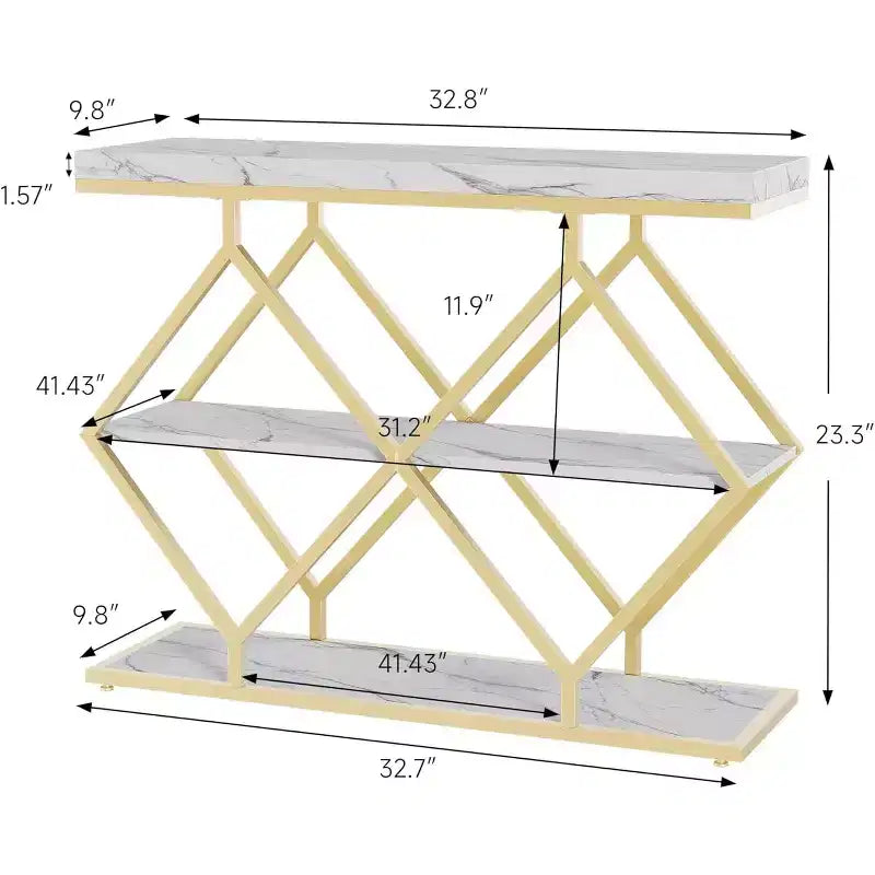 Table console étroite Garvee à 3 niveaux, style ferme, table d'entrée avec étagères de rangement ouvertes, pieds en métal à losanges géométriques, table console de canapé