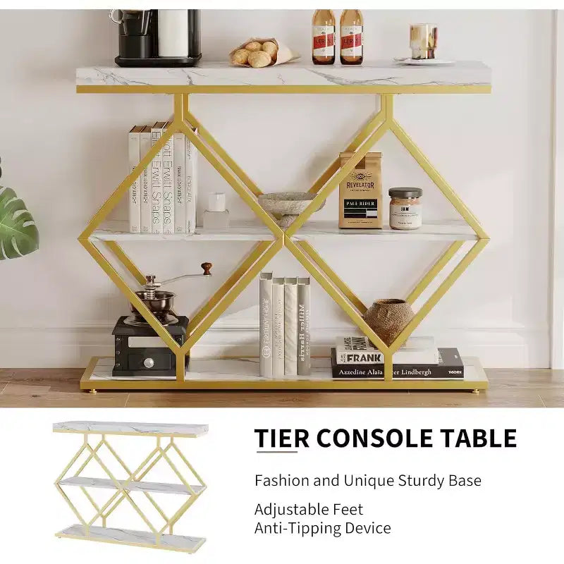 Table console étroite Garvee à 3 niveaux, style ferme, table d'entrée avec étagères de rangement ouvertes, pieds en métal à losanges géométriques, table console de canapé