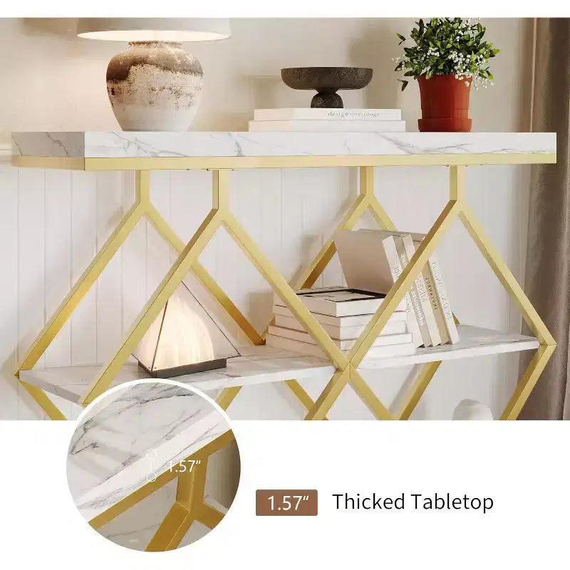 Table console étroite Garvee à 3 niveaux, style ferme, table d'entrée avec étagères de rangement ouvertes, pieds en métal à losanges géométriques, table console de canapé