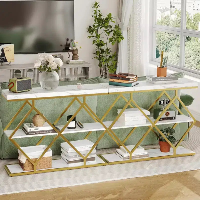 Table console étroite Garvee à 3 niveaux, style ferme, table d'entrée avec étagères de rangement ouvertes, pieds en métal à losanges géométriques, table console de canapé