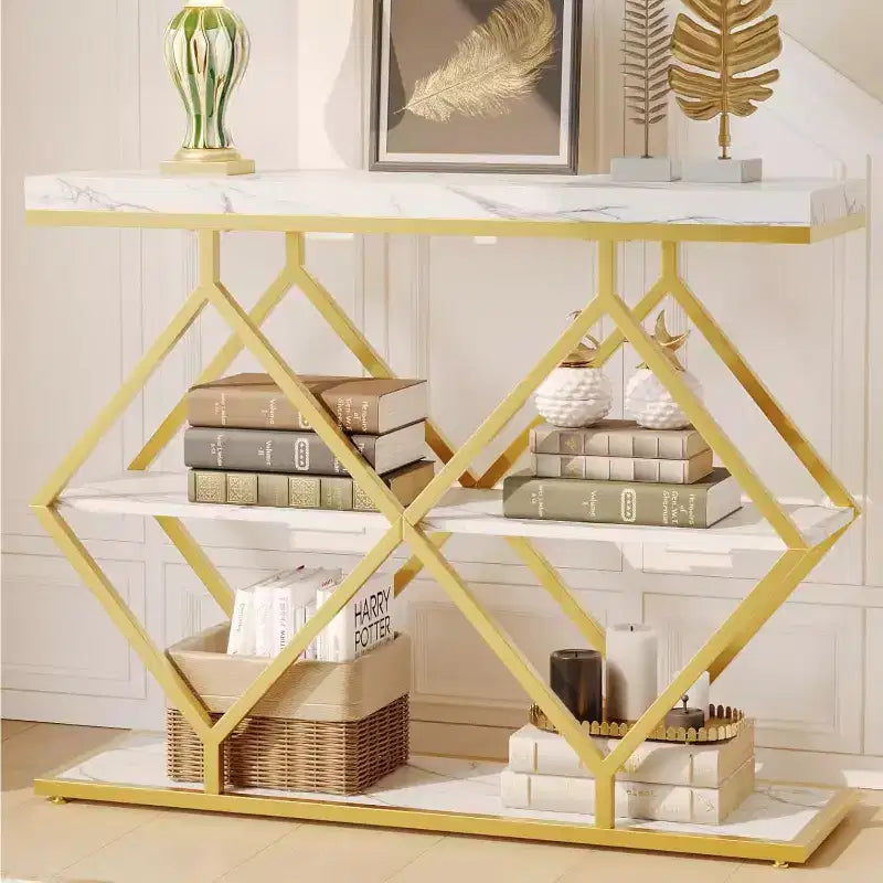 Table console étroite Garvee à 3 niveaux, style ferme, table d'entrée avec étagères de rangement ouvertes, pieds en métal à losanges géométriques, table console de canapé