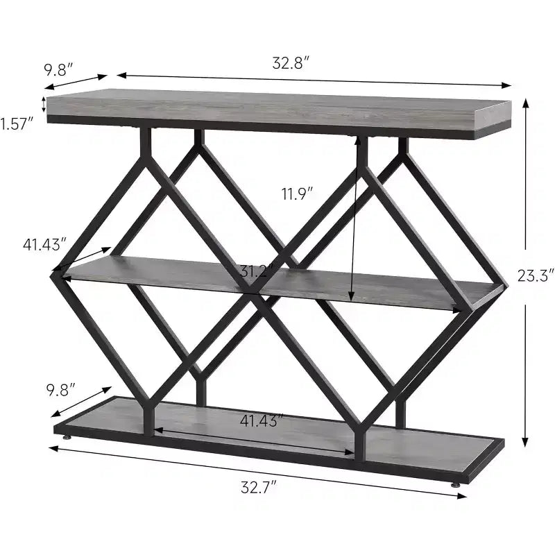 Table console étroite Garvee à 3 niveaux, style ferme, table d'entrée avec étagères de rangement ouvertes, pieds en métal à losanges géométriques, table console de canapé