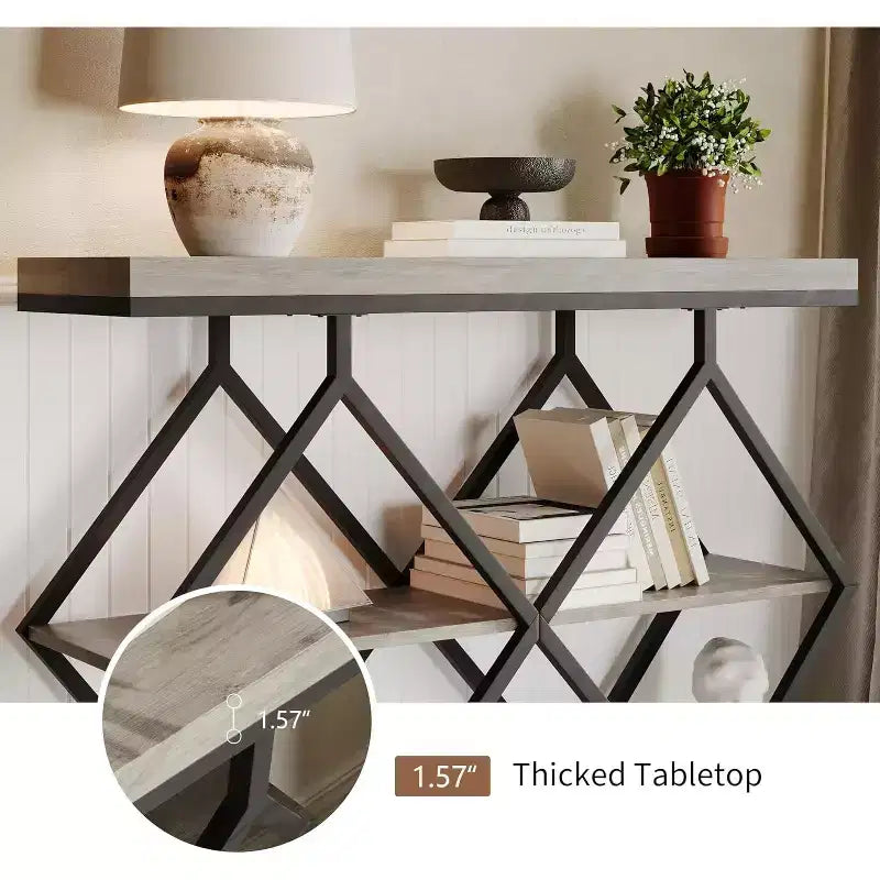 Table console étroite Garvee à 3 niveaux, style ferme, table d'entrée avec étagères de rangement ouvertes, pieds en métal à losanges géométriques, table console de canapé