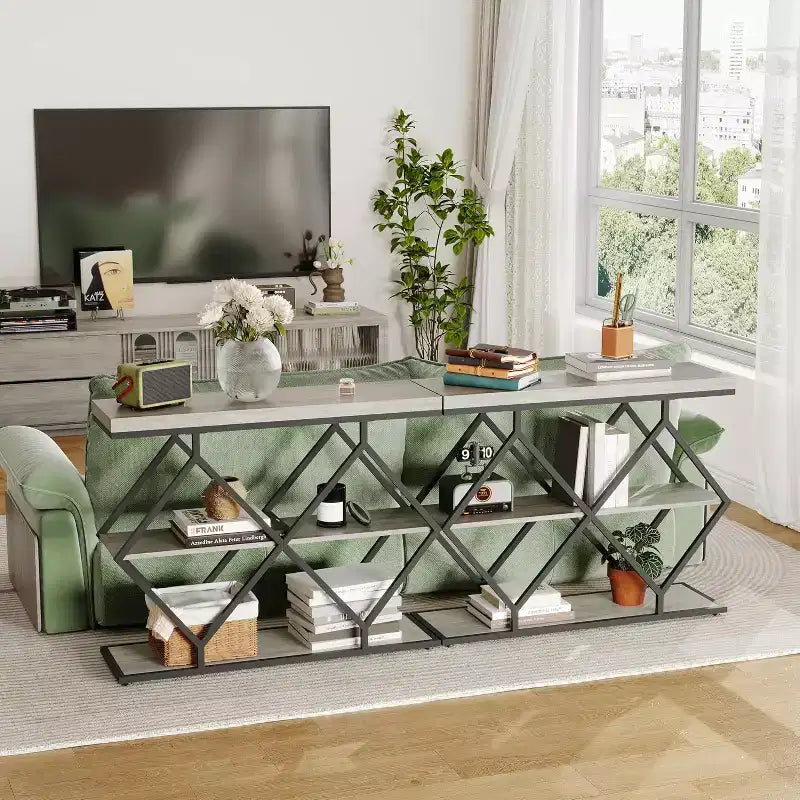 Table console étroite Garvee à 3 niveaux, style ferme, table d'entrée avec étagères de rangement ouvertes, pieds en métal à losanges géométriques, table console de canapé