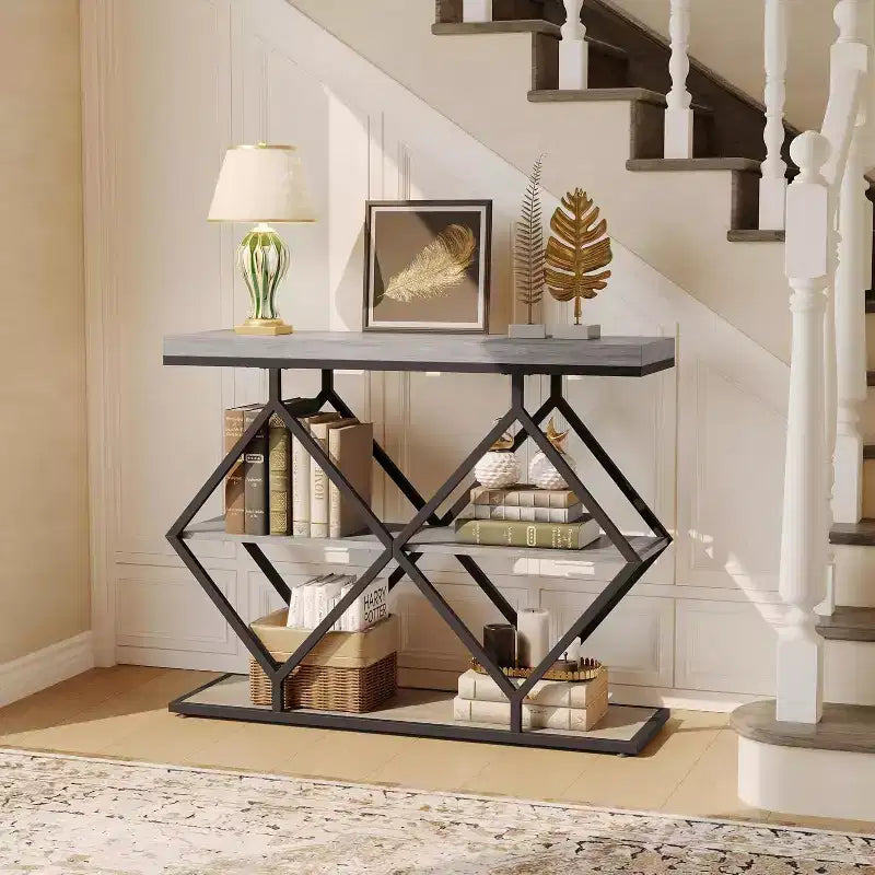 Table console étroite Garvee à 3 niveaux, style ferme, table d'entrée avec étagères de rangement ouvertes, pieds en métal à losanges géométriques, table console de canapé