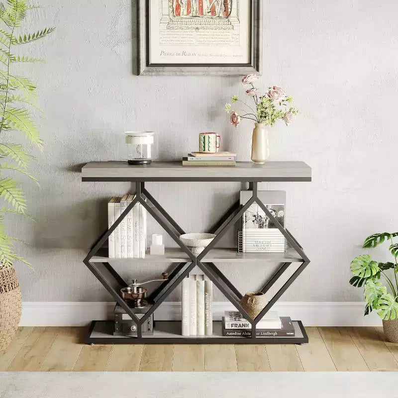 Table console étroite Garvee à 3 niveaux, style ferme, table d'entrée avec étagères de rangement ouvertes, pieds en métal à losanges géométriques, table console de canapé