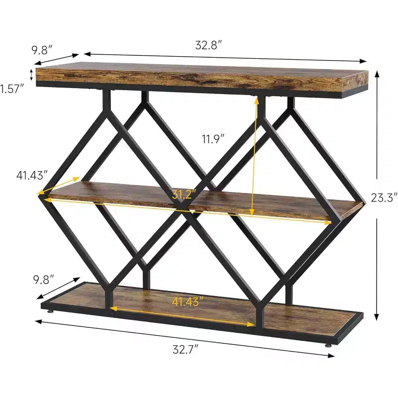 Table console étroite Garvee à 3 niveaux, style ferme, table d'entrée avec étagères de rangement ouvertes, pieds en métal à losanges géométriques, table console de canapé