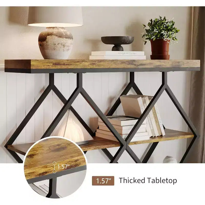 Table console étroite Garvee à 3 niveaux, style ferme, table d'entrée avec étagères de rangement ouvertes, pieds en métal à losanges géométriques, table console de canapé