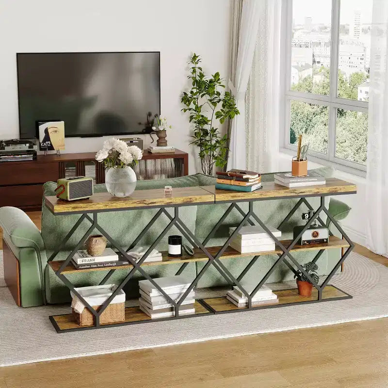 Table console étroite Garvee à 3 niveaux, style ferme, table d'entrée avec étagères de rangement ouvertes, pieds en métal à losanges géométriques, table console de canapé
