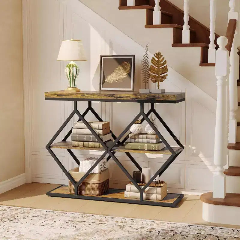 Table console étroite Garvee à 3 niveaux, style ferme, table d'entrée avec étagères de rangement ouvertes, pieds en métal à losanges géométriques, table console de canapé