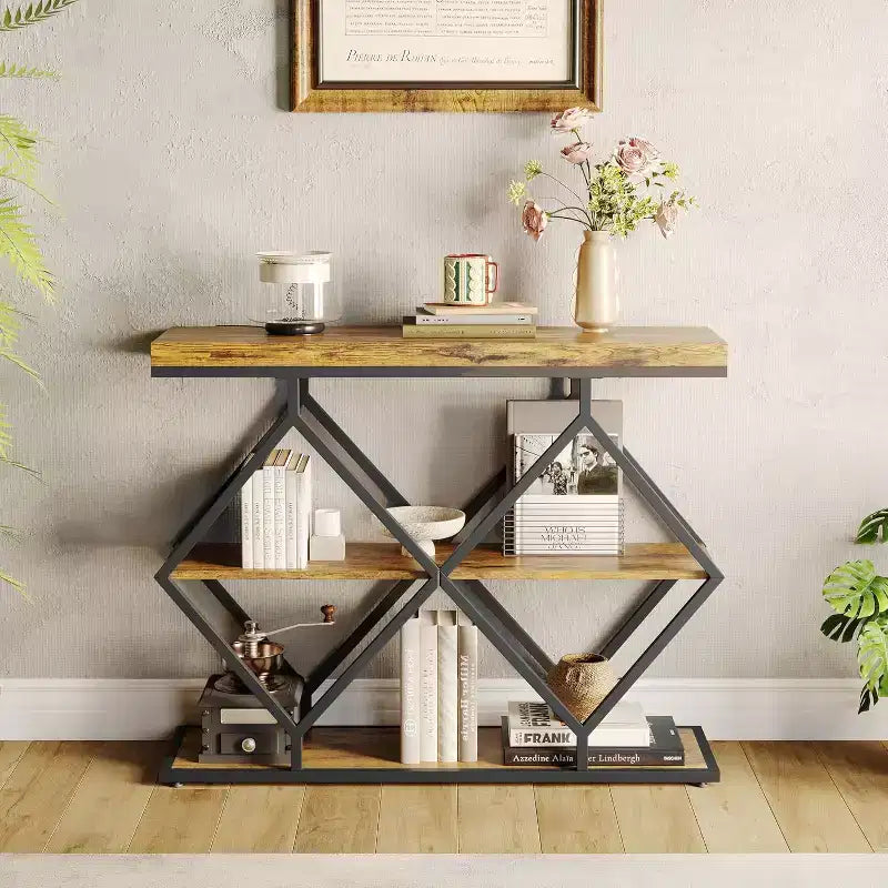 Table console étroite Garvee à 3 niveaux, style ferme, table d'entrée avec étagères de rangement ouvertes, pieds en métal à losanges géométriques, table console de canapé