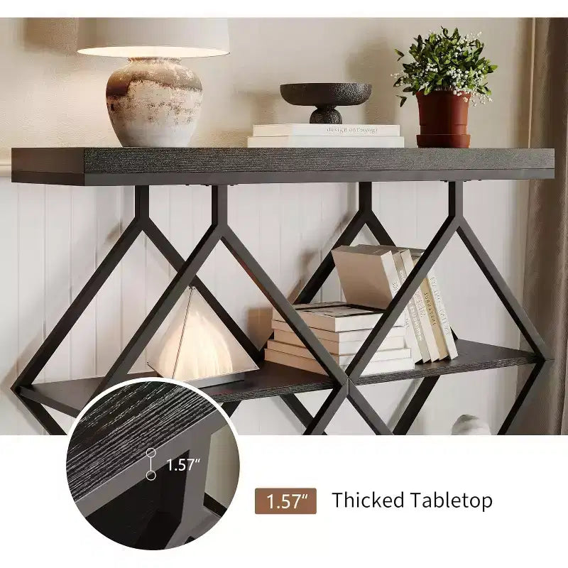Table console étroite Garvee à 3 niveaux, style ferme, table d'entrée avec étagères de rangement ouvertes, pieds en métal à losanges géométriques, table console de canapé