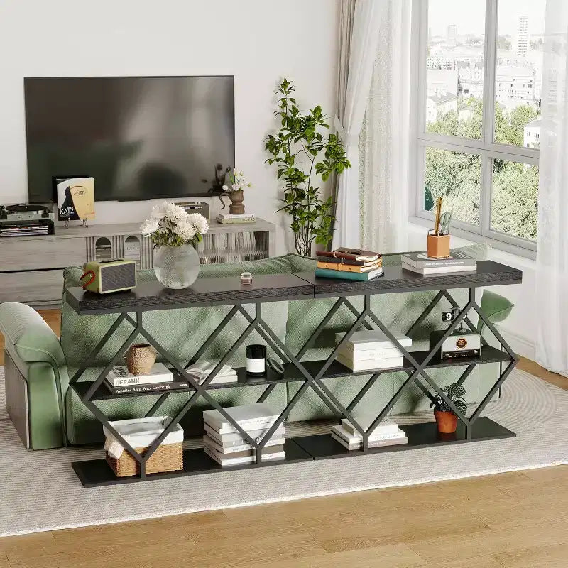 Table console étroite Garvee à 3 niveaux, style ferme, table d'entrée avec étagères de rangement ouvertes, pieds en métal à losanges géométriques, table console de canapé