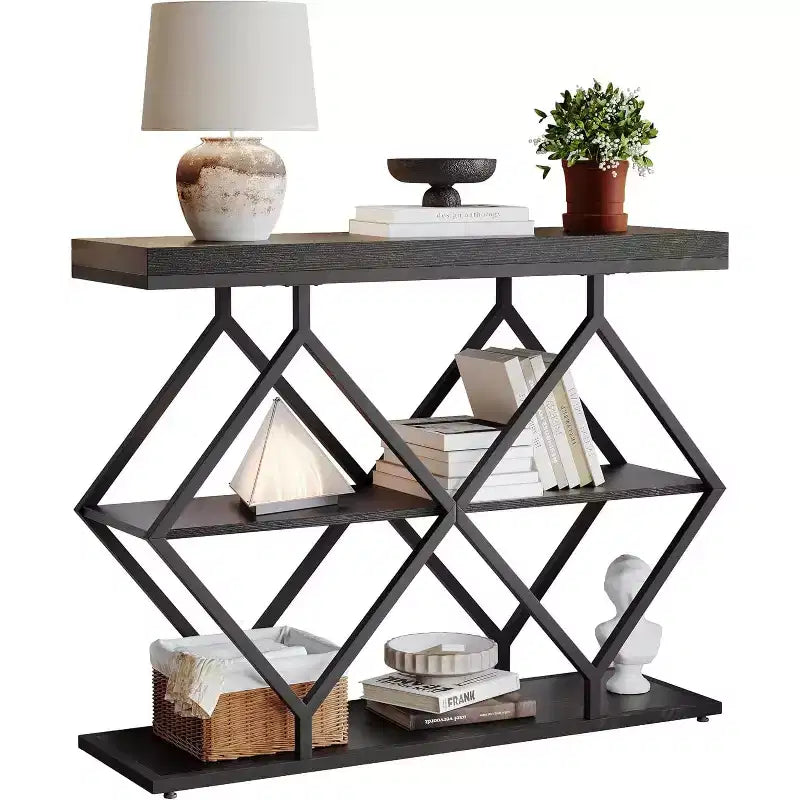 Table console étroite Garvee à 3 niveaux, style ferme, table d'entrée avec étagères de rangement ouvertes, pieds en métal à losanges géométriques, table console de canapé