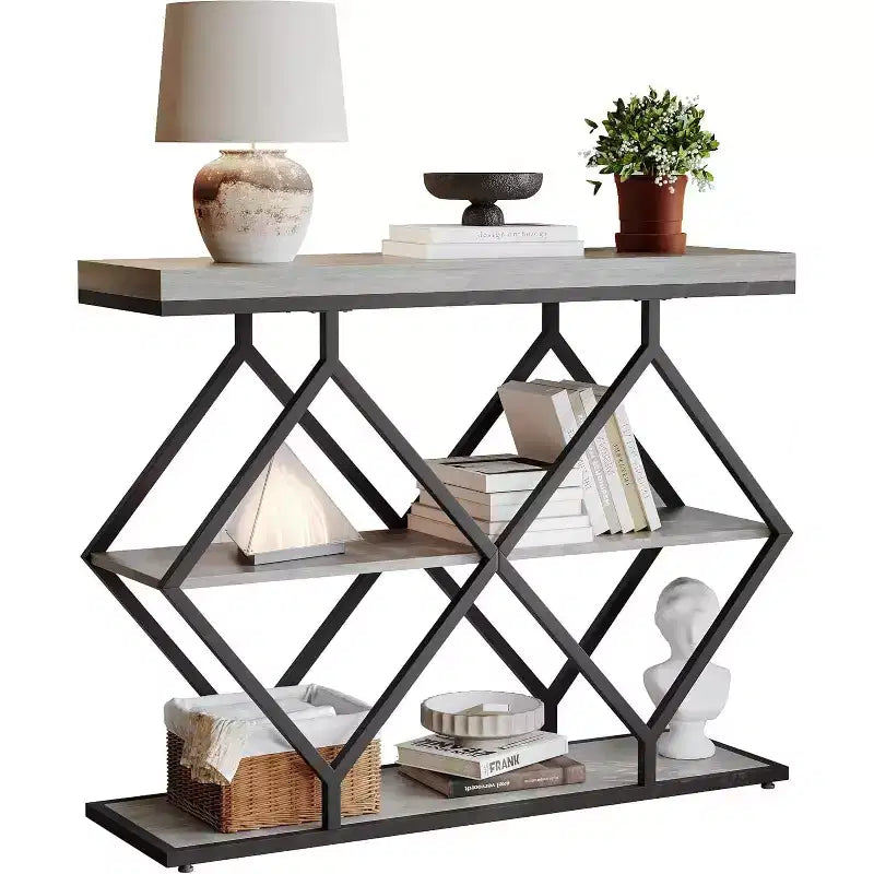 Table console étroite Garvee à 3 niveaux, style ferme, table d'entrée avec étagères de rangement ouvertes, pieds en métal à losanges géométriques, table console de canapé