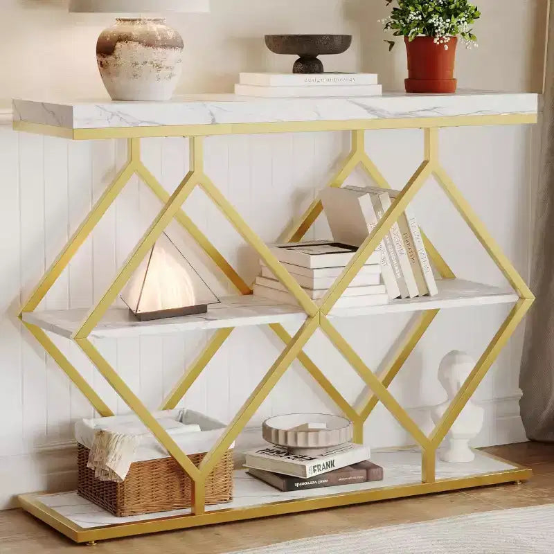 Table console étroite Garvee à 3 niveaux, style ferme, table d'entrée avec étagères de rangement ouvertes, pieds en métal à losanges géométriques, table console de canapé