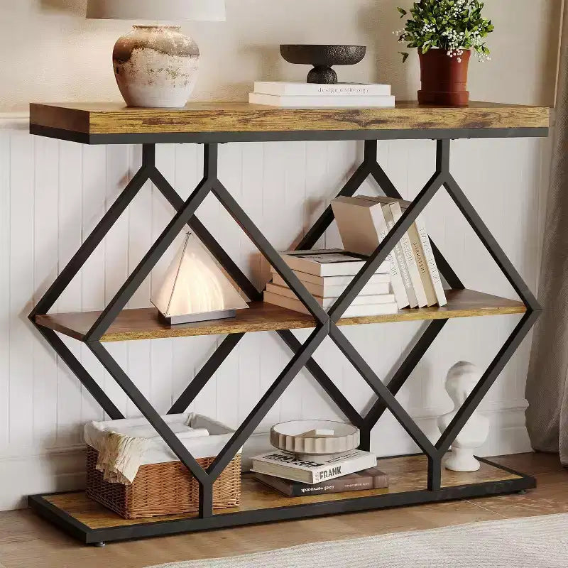 Table console étroite Garvee à 3 niveaux, style ferme, table d'entrée avec étagères de rangement ouvertes, pieds en métal à losanges géométriques, table console de canapé