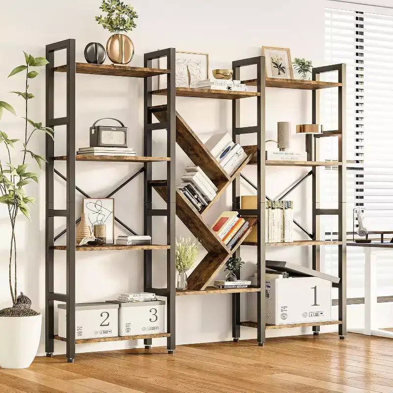 Étagère à 5 niveaux, étagère de présentation, grande bibliothèque, étagère rustique en bois pour chambre, salon, maison et bureau.