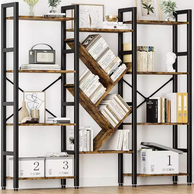 Étagère à 5 niveaux, étagère de présentation, grande bibliothèque, étagère rustique en bois pour chambre, salon, maison et bureau.