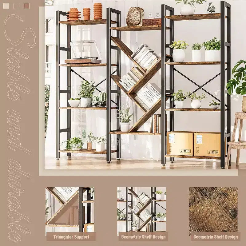 Étagère à 5 niveaux, étagère de présentation, grande bibliothèque, étagère rustique en bois pour chambre, salon, maison et bureau.