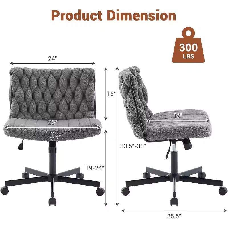 Chaise de bureau pivotante moderne, chaise de bureau ergonomique pivotante, chaise roulante sans accoudoirs à piètement croisé d'une capacité de 300 lb, assise large, hauteur réglable
