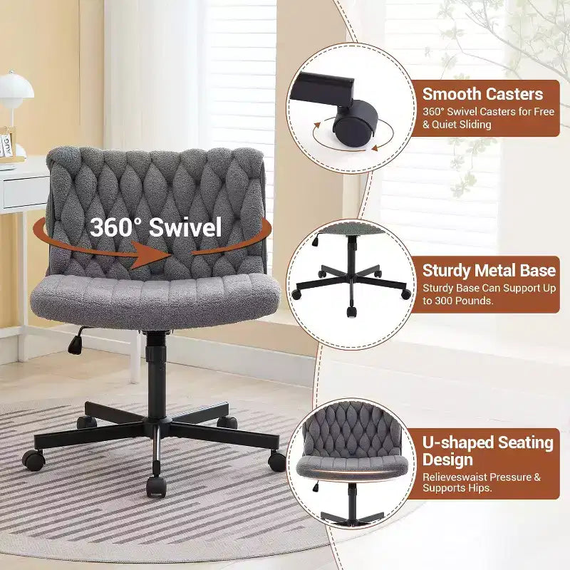 Chaise de bureau pivotante moderne, chaise de bureau ergonomique pivotante, chaise roulante sans accoudoirs à piètement croisé d'une capacité de 300 lb, assise large, hauteur réglable
