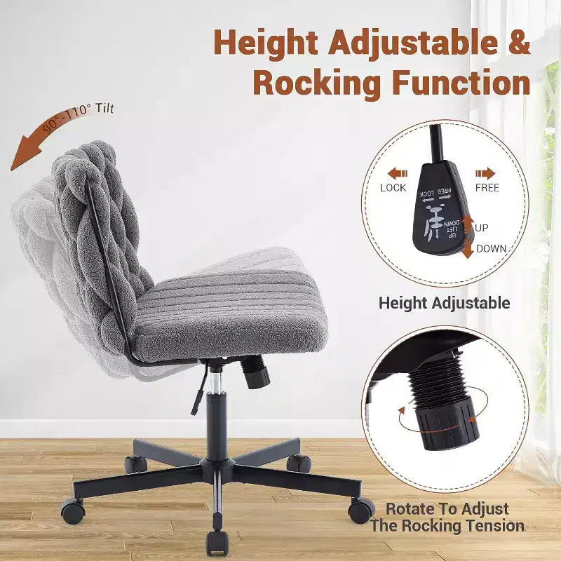 Chaise de bureau pivotante moderne, chaise de bureau ergonomique pivotante, chaise roulante sans accoudoirs à piètement croisé d'une capacité de 300 lb, assise large, hauteur réglable