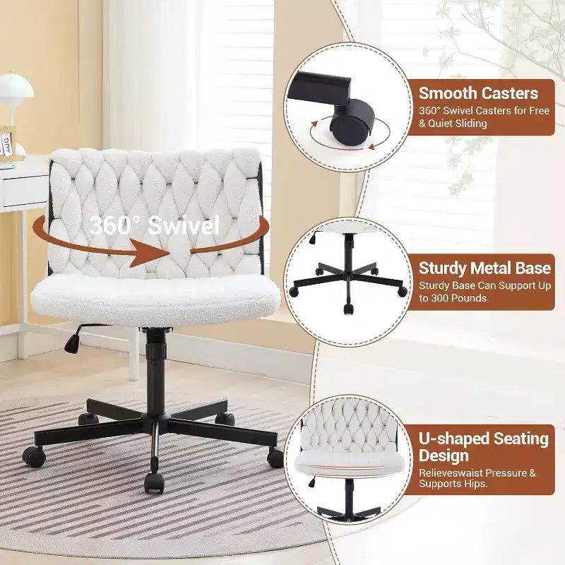 Chaise de bureau pivotante moderne, chaise de bureau ergonomique pivotante, chaise roulante sans accoudoirs à piètement croisé d'une capacité de 300 lb, assise large, hauteur réglable