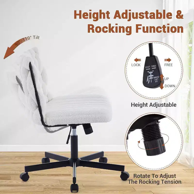 Chaise de bureau pivotante moderne, chaise de bureau ergonomique pivotante, chaise roulante sans accoudoirs à piètement croisé d'une capacité de 300 lb, assise large, hauteur réglable