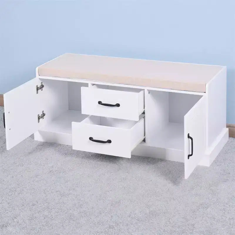 Banc de rangement en bois, meuble de rangement pour entrée avec coussin amovible, banc de rangement rembourré pour entrée, couloir, chambre, salon, blanc 2