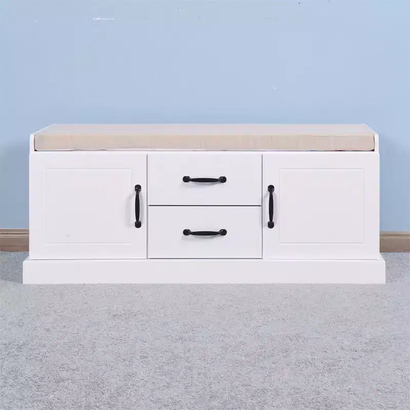 Banc de rangement en bois, meuble de rangement pour entrée avec coussin amovible, banc de rangement rembourré pour entrée, couloir, chambre, salon, blanc 2