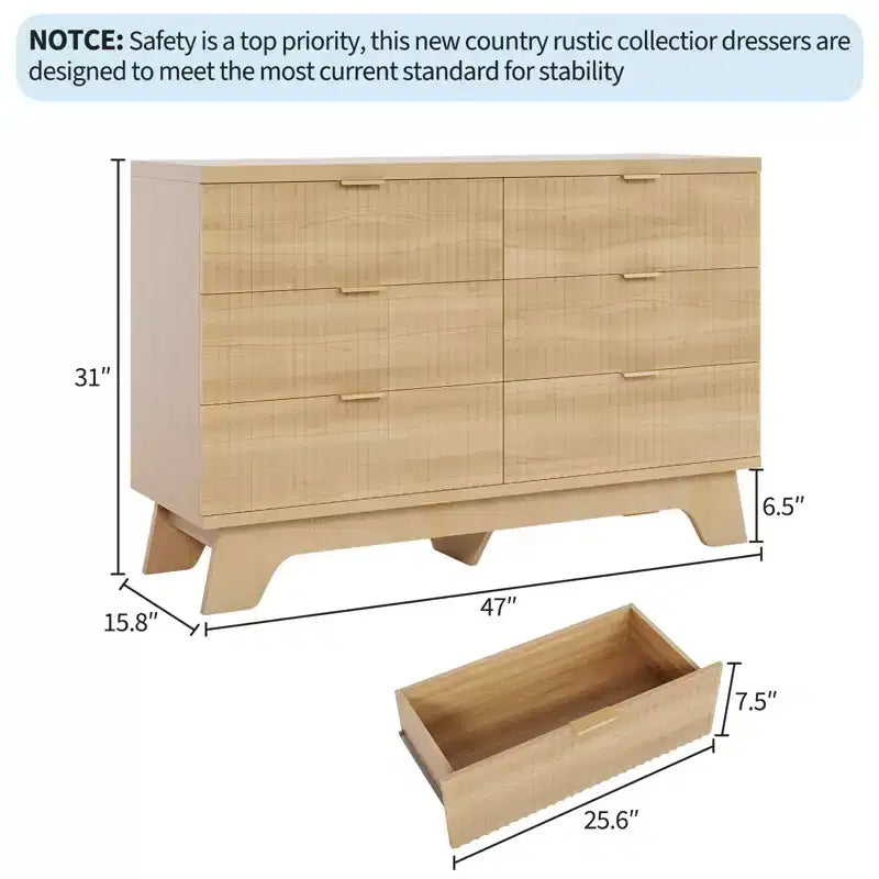 Commode à 6 tiroirs pour chambre à coucher, commode moderne du milieu du siècle de 47 po de large, commode à tiroirs cannelés, meuble TV pour salon, couloir, chêne