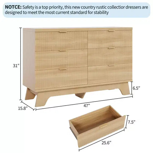 Commode à 6 tiroirs pour chambre à coucher, commode moderne du milieu du siècle de 47 po de large, commode à tiroirs cannelés, meuble TV pour salon, couloir, chêne