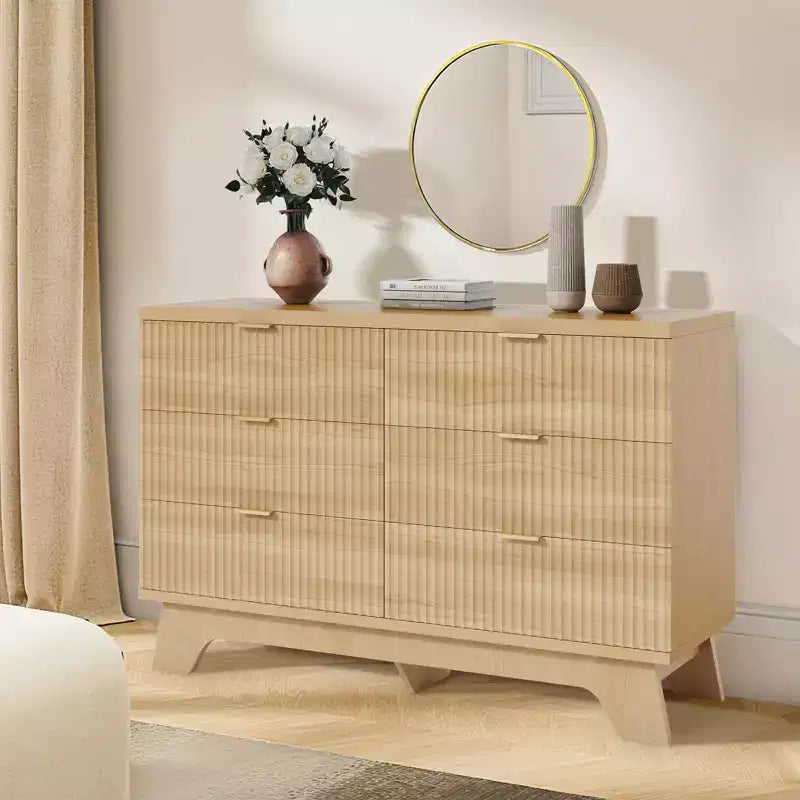 Commode à 6 tiroirs pour chambre à coucher, commode moderne du milieu du siècle de 47 po de large, commode à tiroirs cannelés, meuble TV pour salon, couloir, chêne