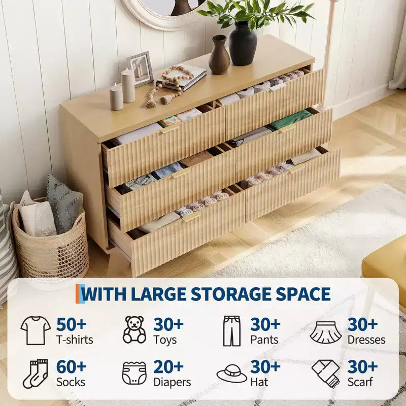 Commode à 6 tiroirs pour chambre à coucher, commode moderne du milieu du siècle de 47 po de large, commode à tiroirs cannelés, meuble TV pour salon, couloir, chêne