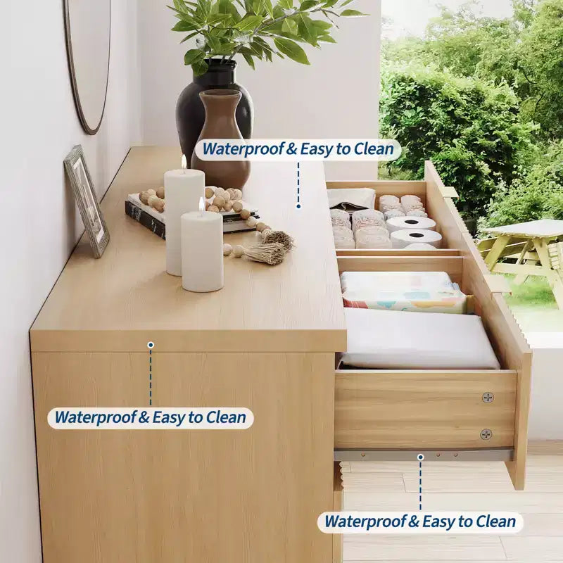 Commode à 6 tiroirs pour chambre à coucher, commode moderne du milieu du siècle de 47 po de large, commode à tiroirs cannelés, meuble TV pour salon, couloir, chêne
