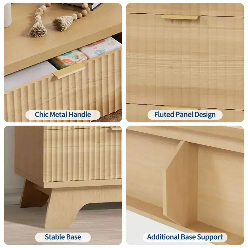 Commode à 6 tiroirs pour chambre à coucher, commode moderne du milieu du siècle de 47 po de large, commode à tiroirs cannelés, meuble TV pour salon, couloir, chêne
