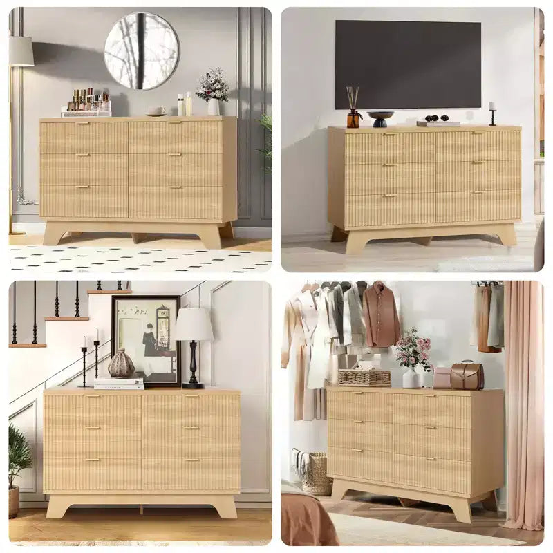 Commode à 6 tiroirs pour chambre à coucher, commode moderne du milieu du siècle de 47 po de large, commode à tiroirs cannelés, meuble TV pour salon, couloir, chêne