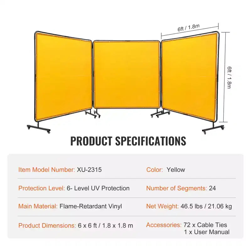 Écran de soudage VEVOR avec cadre, écrans de rideau de soudage à 3 panneaux de 1,8 m x 1,8 m, écran de protection de soudage en vinyle résistant à la flamme sur 12 roues pivotantes, jaune