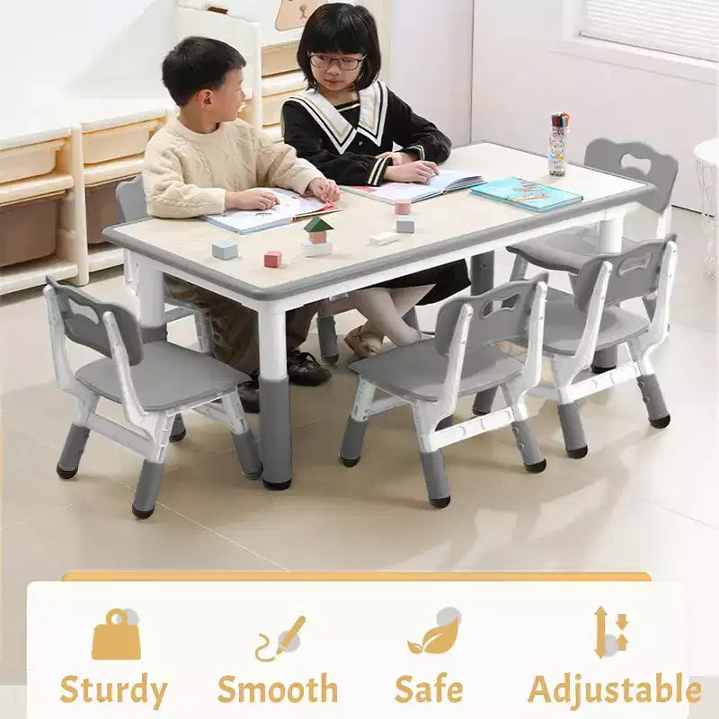 Ensemble Table et Chaises pour Enfants, Bureau Réglable en Hauteur avec 6 Sièges pour 2-10 Ans, Max 136 kg, Table Multi-Activités pour Enfants Crèches, Maison