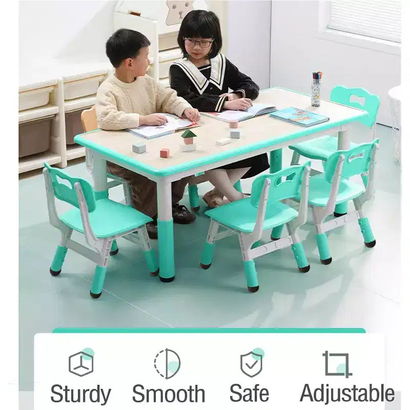 Ensemble Table et Chaises pour Enfants, Bureau Réglable en Hauteur avec 6 Sièges pour 2-10 Ans, Max 136 kg, Table Multi-Activités pour Enfants Crèches, Maison
