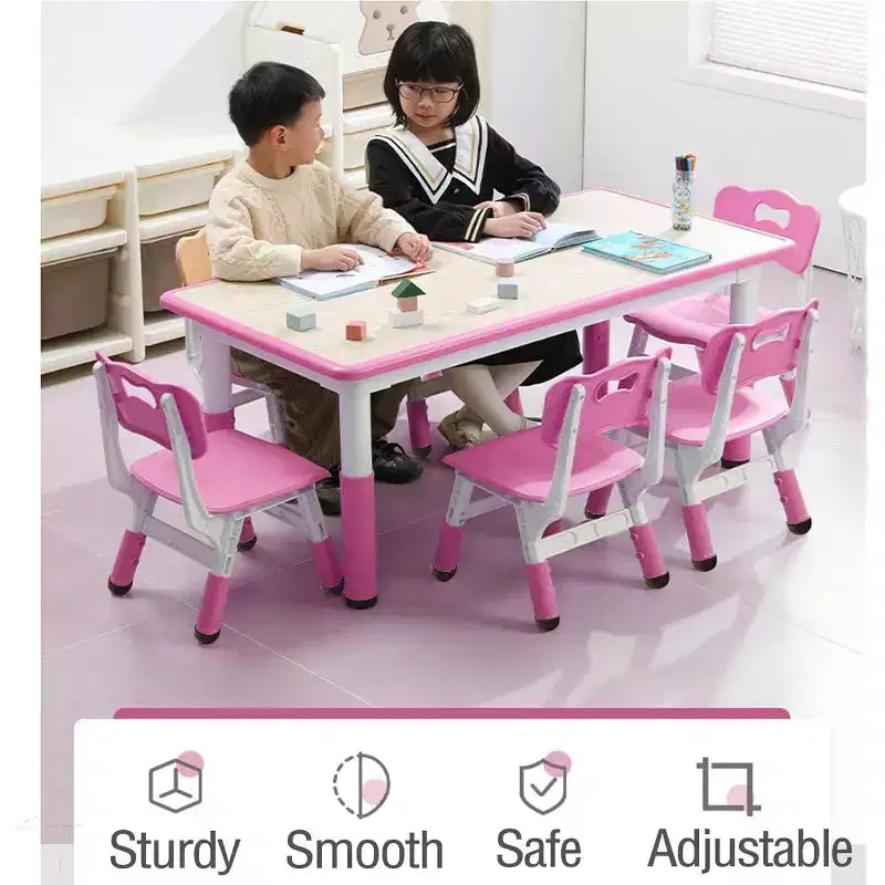 Ensemble Table et Chaises pour Enfants, Bureau Réglable en Hauteur avec 6 Sièges pour 2-10 Ans, Max 136 kg, Table Multi-Activités pour Enfants Crèches, Maison