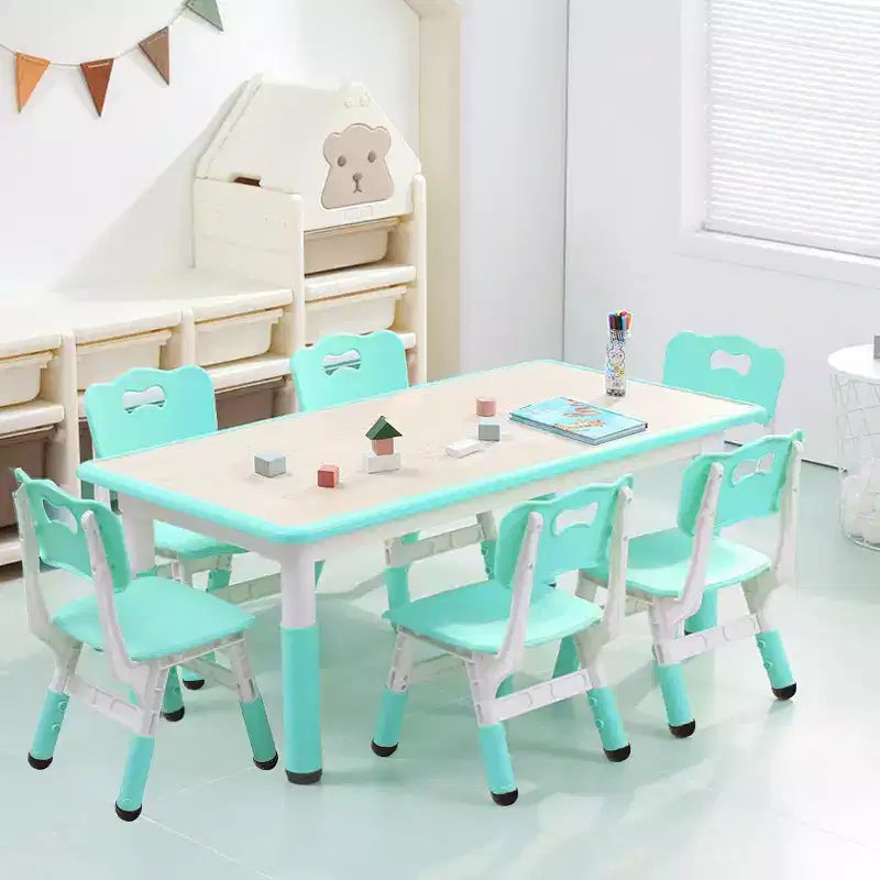 Ensemble Table et Chaises pour Enfants, Bureau Réglable en Hauteur avec 6 Sièges pour 2-10 Ans, Max 136 kg, Table Multi-Activités pour Enfants Crèches, Maison