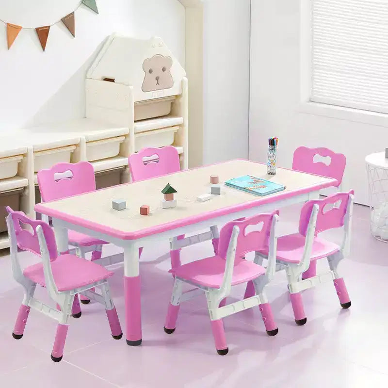 Ensemble Table et Chaises pour Enfants, Bureau Réglable en Hauteur avec 6 Sièges pour 2-10 Ans, Max 136 kg, Table Multi-Activités pour Enfants Crèches, Maison